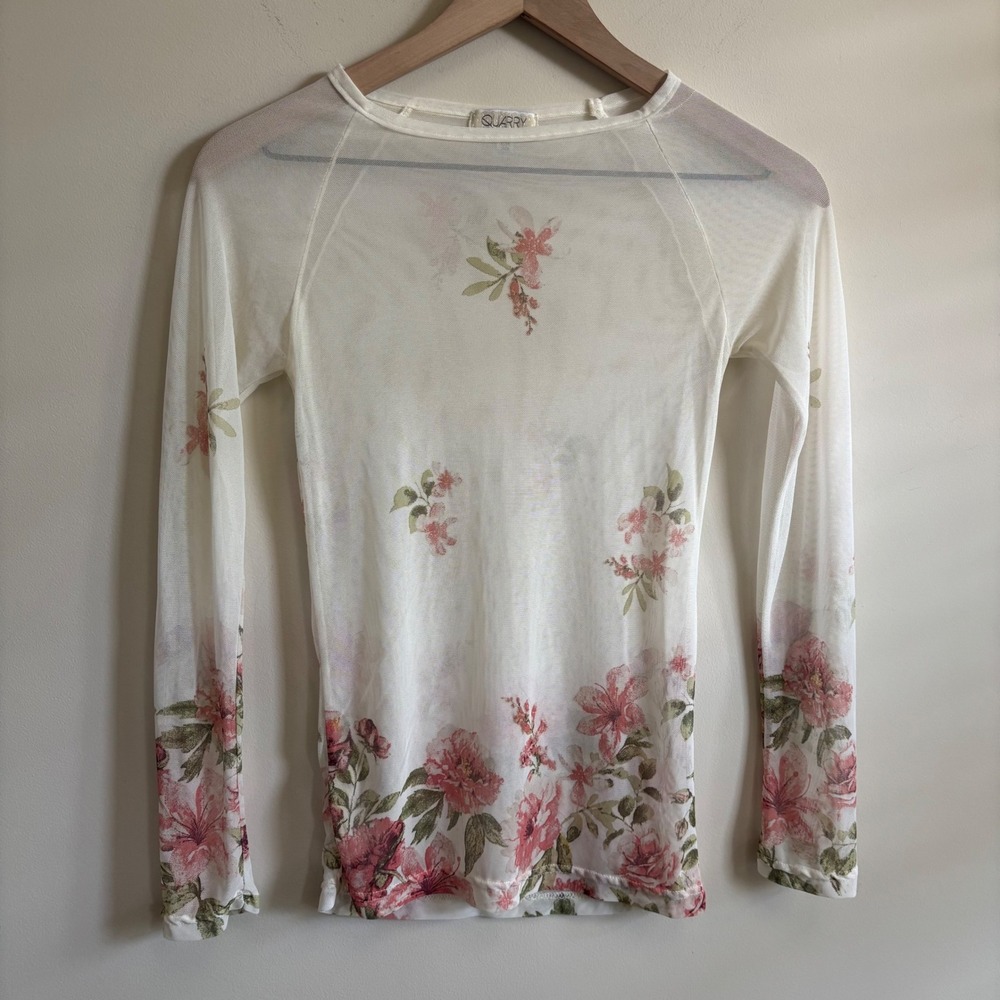 Quarry Sheer Mesh Floral Long Sleeve Top Cream Pink Small Y2K Romantic Fairycore